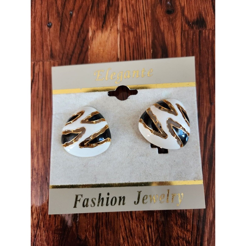 Vintage Elegante Clip-On Earrings White Black Enamel Goldtone Fashion Jewelry